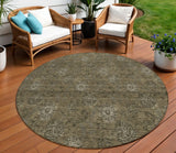 8' Brown And Beige Round Floral Washable Indoor Outdoor Area Rug