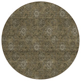 8' Brown And Beige Round Floral Washable Indoor Outdoor Area Rug