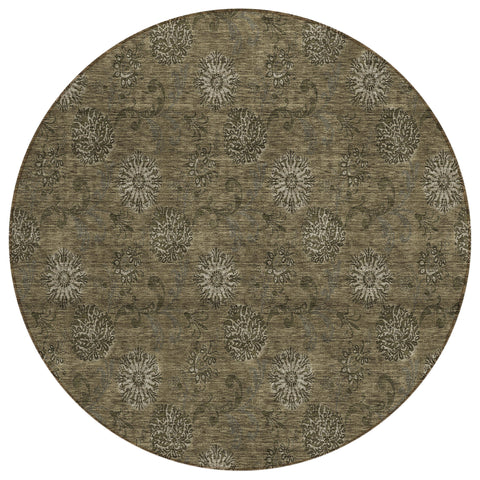 8' Brown And Beige Round Floral Washable Indoor Outdoor Area Rug