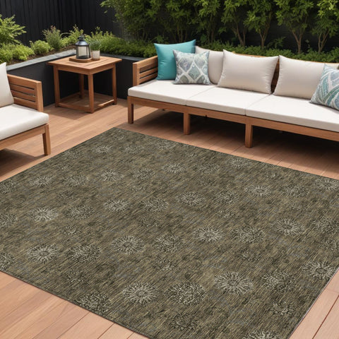 8' X 10' Brown And Beige Floral Washable Indoor Outdoor Area Rug