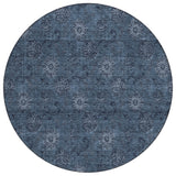 8' Blue And Navy Blue Round Floral Washable Indoor Outdoor Area Rug
