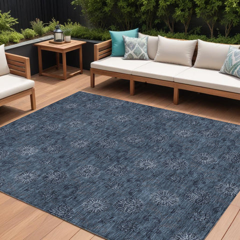 8' X 10' Blue And Navy Blue Floral Washable Indoor Outdoor Area Rug