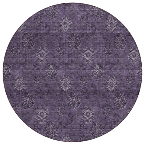8' Eggplant And Purple Round Floral Washable Indoor Outdoor Area Rug