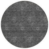 8' Gray And Charcoal Round Floral Washable Indoor Outdoor Area Rug