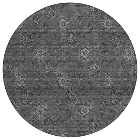 8' Gray And Charcoal Round Floral Washable Indoor Outdoor Area Rug