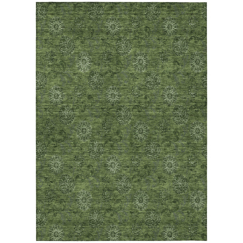 5' X 8' Olive Green And Green Floral Washable Indoor Outdoor Area Rug
