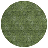 8' Olive Green And Green Round Floral Washable Indoor Outdoor Area Rug