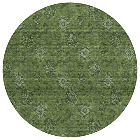 8' Olive Green And Green Round Floral Washable Indoor Outdoor Area Rug