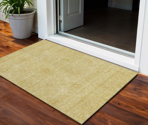 3' X 5' Gold And Ivory Floral Washable Indoor Outdoor Area Rug