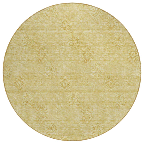 8' Gold And Ivory Round Floral Washable Indoor Outdoor Area Rug