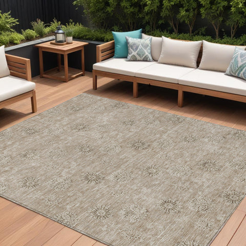 8' X 10' Khaki Beige And Tan Floral Washable Indoor Outdoor Area Rug