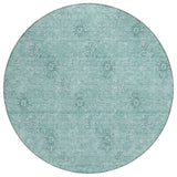 8' Teal Blue And Ivory Round Floral Washable Indoor Outdoor Area Rug