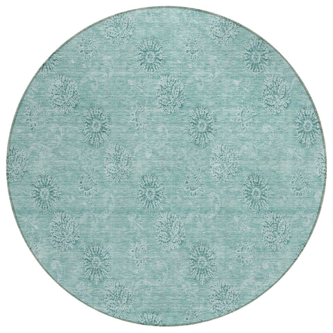 8' Teal Blue And Ivory Round Floral Washable Indoor Outdoor Area Rug