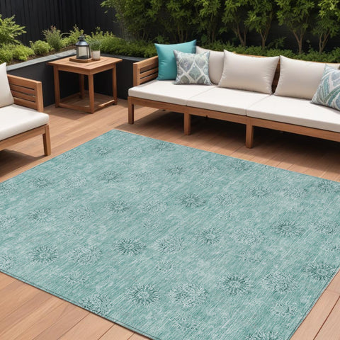 8' X 10' Teal Blue And Ivory Floral Washable Indoor Outdoor Area Rug