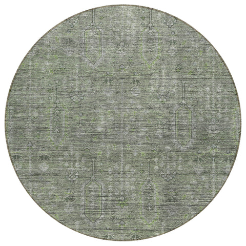 8' Fern Green And Gray Round Southwestern Washable Indoor Outdoor Area Rug