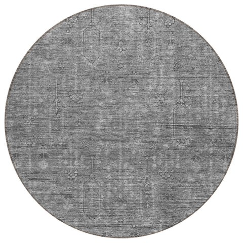 8' Gray And Charcoal Round Southwestern Washable Indoor Outdoor Area Rug