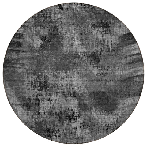 8' Gray Charcoal And Silver Round Abstract Washable Indoor Outdoor Area Rug