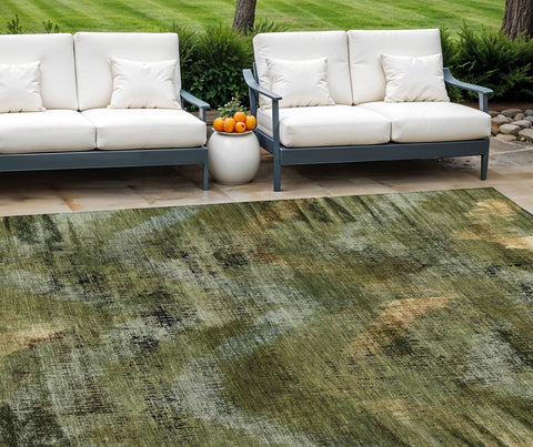 8' X 10' Olive Green And Gold Abstract Washable Indoor Outdoor Area Rug