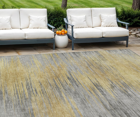 8' X 10' Gold Gray And Charcoal Abstract Washable Indoor Outdoor Area Rug