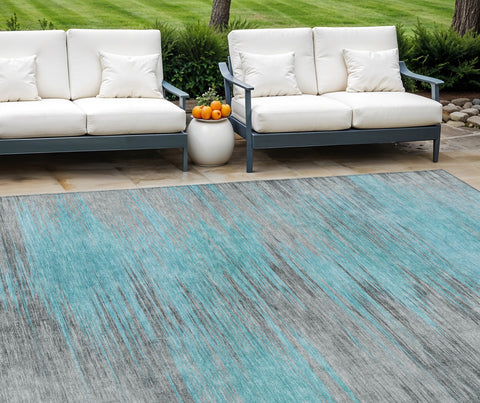 8' X 10' Teal Blue Charcoal And Gray Abstract Washable Indoor Outdoor Area Rug