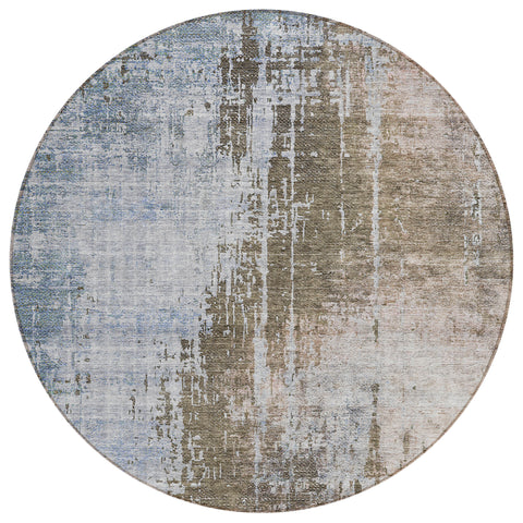 8' Brown Taupe And Navy Blue Round Abstract Washable Indoor Outdoor Area Rug