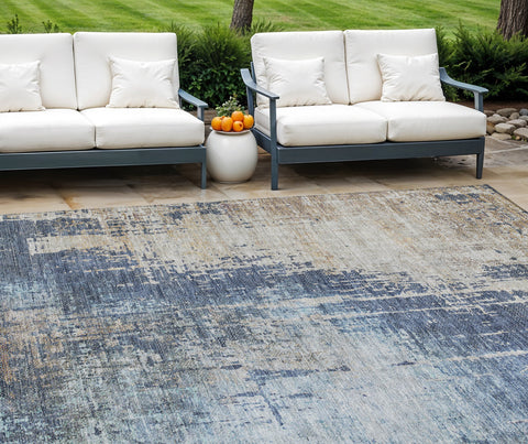 8' X 10' Navy Blue And Taupe Abstract Washable Indoor Outdoor Area Rug