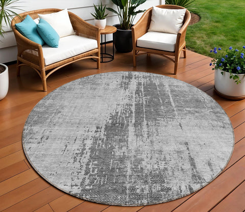 8' Gray Charcoal And Silver Round Abstract Washable Indoor Outdoor Area Rug