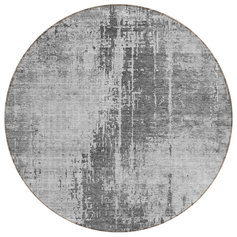 8' Gray Charcoal And Silver Round Abstract Washable Indoor Outdoor Area Rug