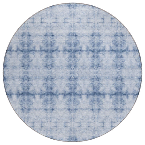 8' Navy Blue And Sky Blue Round Geometric Washable Indoor Outdoor Area Rug
