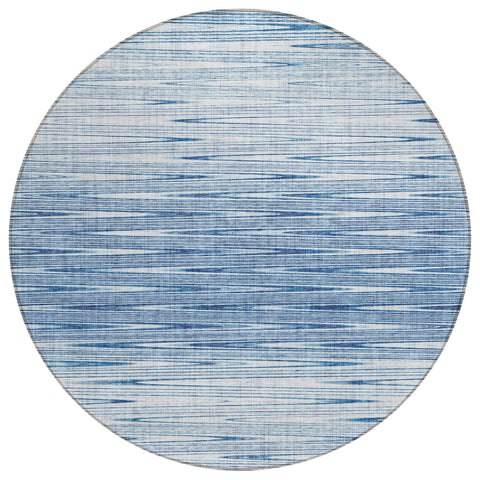8' Navy Blue And Sky Blue Round Abstract Washable Indoor Outdoor Area Rug
