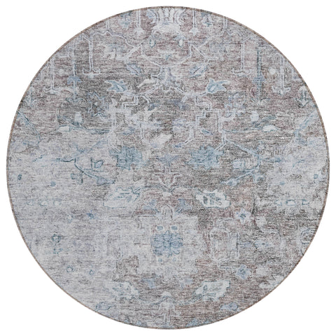 8' Brown And Blue Round Oriental Washable Indoor Outdoor Area Rug