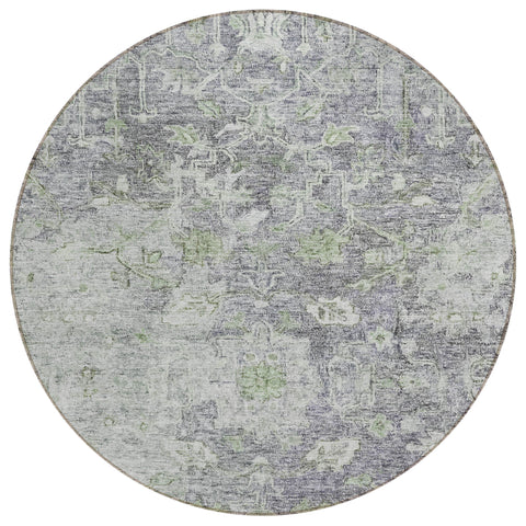 8' Plum Purple And Olive Green Round Oriental Washable Indoor Outdoor Area Rug
