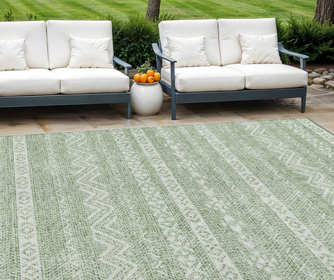 8' X 10' Artichoke Green And Green Southwestern Washable Indoor Outdoor Area Rug