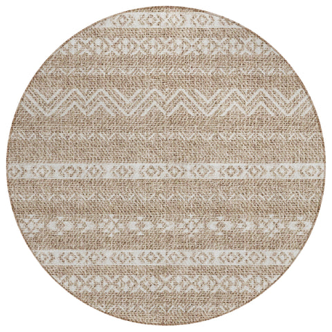 8' Brown And Beige Round Southwestern Washable Indoor Outdoor Area Rug