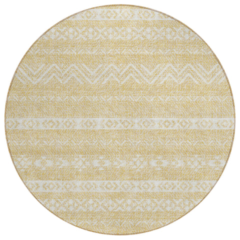 8' Gold And Beige Round Southwestern Washable Indoor Outdoor Area Rug