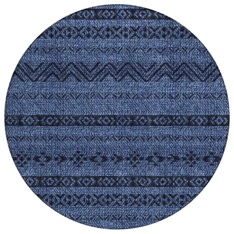 8' Navy Blue And Black Round Southwestern Washable Indoor Outdoor Area Rug