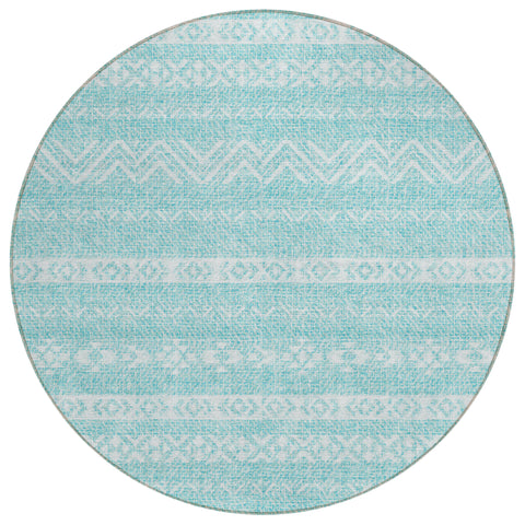 8' Teal Blue And Aqua Round Southwestern Washable Indoor Outdoor Area Rug