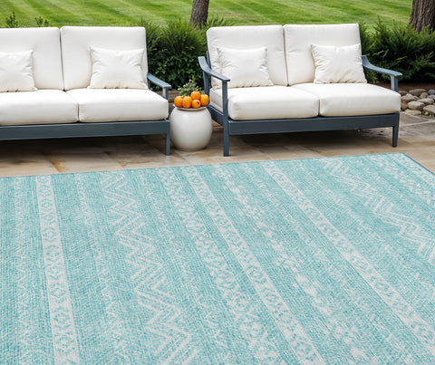 8' X 10' Teal Blue And Aqua Southwestern Washable Indoor Outdoor Area Rug