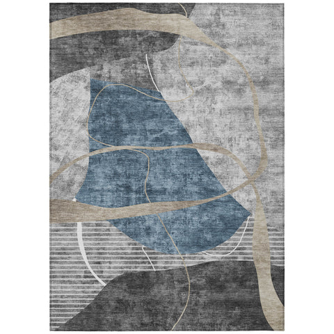 3' X 5' Blue Gray And Charcoal Abstract Washable Indoor Outdoor Area Rug