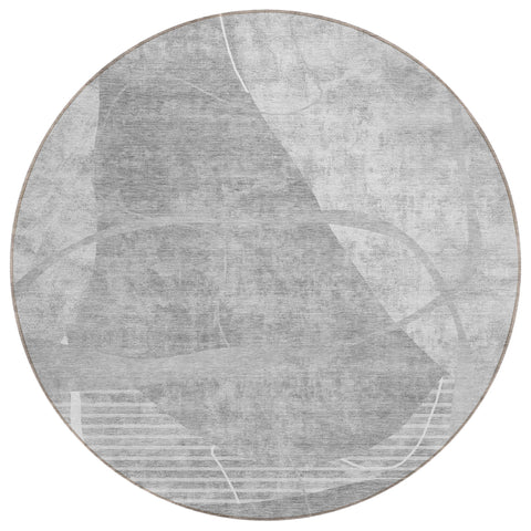 8' Gray Silver And Ivory Round Abstract Washable Indoor Outdoor Area Rug