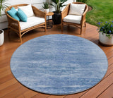 8' Denim Blue And Sky Blue Round Abstract Washable Indoor Outdoor Area Rug