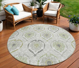 8' Gray And Olive Green Round Medallion Washable Indoor Outdoor Area Rug