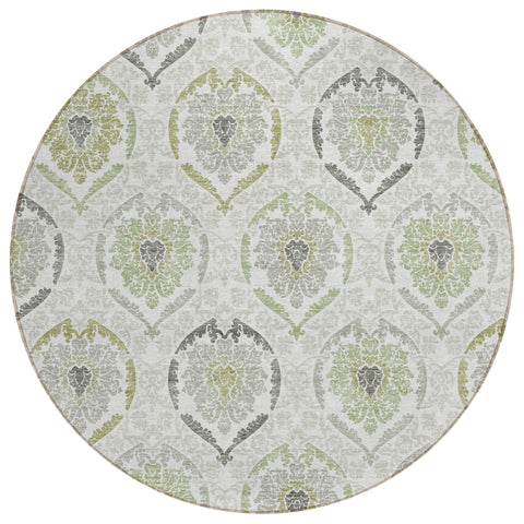 8' Gray And Olive Green Round Medallion Washable Indoor Outdoor Area Rug