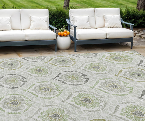 8' X 10' Gray And Olive Green Medallion Washable Indoor Outdoor Area Rug