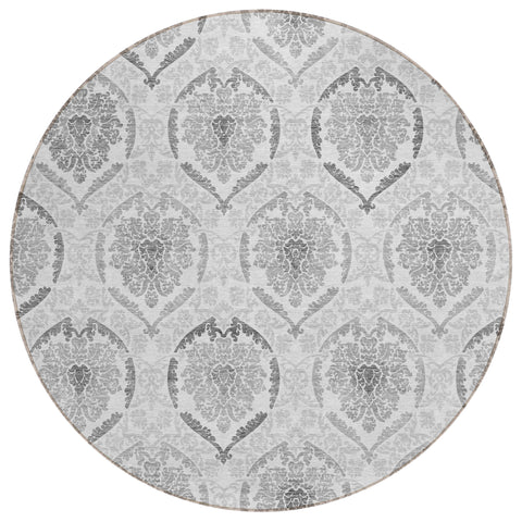 8' Silver Gray And Charcoal Round Medallion Washable Indoor Outdoor Area Rug