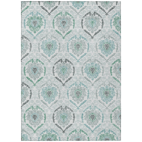 3' X 5' Teal Blue Silver And Gray Medallion Washable Indoor Outdoor Area Rug