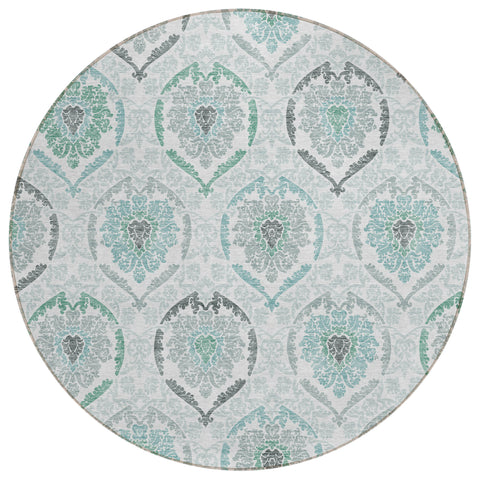 8' Teal Blue Silver And Gray Round Medallion Washable Indoor Outdoor Area Rug
