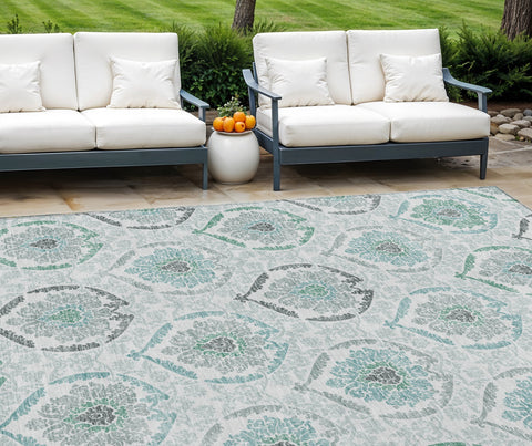 8' X 10' Teal Blue Silver And Gray Medallion Washable Indoor Outdoor Area Rug