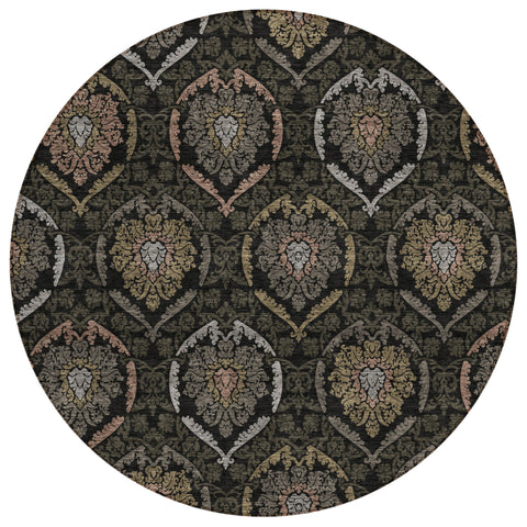 8' Black Gray And Brown Round Medallion Washable Indoor Outdoor Area Rug