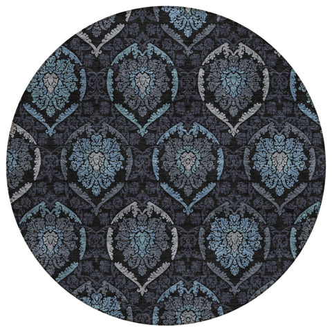 8' Blue Charcoal And Gray Round Medallion Washable Indoor Outdoor Area Rug